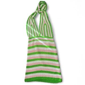 Beginning Boutique Pink and Green Halter Crochet Mini Bodycon Dress